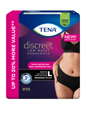TENA Discreet Low Waist Underwear Incontinence Disposable Black Large